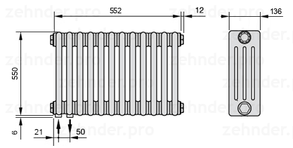 Схема (чертеж) Радиатор Zehnder Charleston 4055/12 №3370 Белый глянцевый RAL 9016